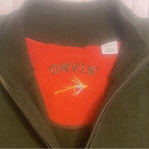 Orvis Dark Green Zip-Up Sweater with Bright Orange Lining